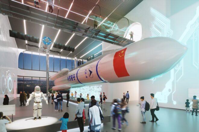 rendering of rocket in a museum