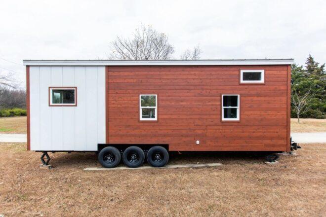 back of cedar-clad tiny home