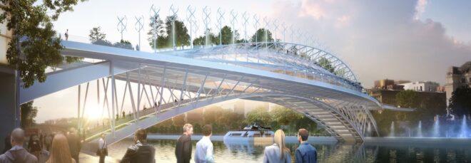 rendering of people looking at a plant-covered bridge