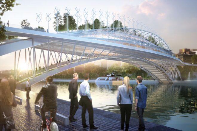 rendering of people looking at a plant-covered bridge