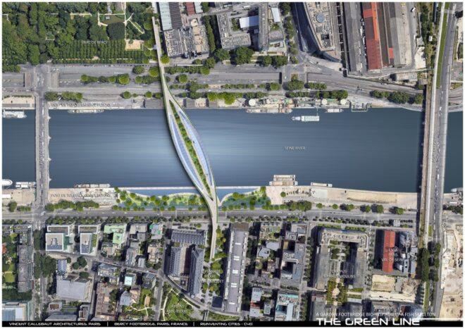 aerial rendering of green bridge over the River Seine