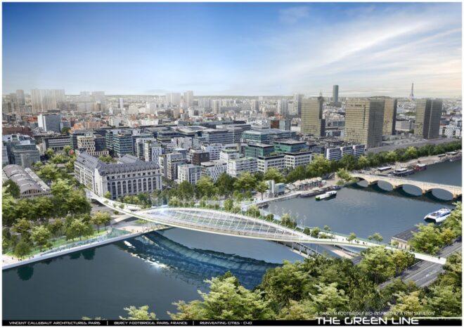 aerial rendering of plants covered a bridge over River Seine