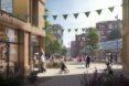A rendering of people milling around a commercial area.