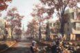 A rendering of people playing with leaves near a building development.
