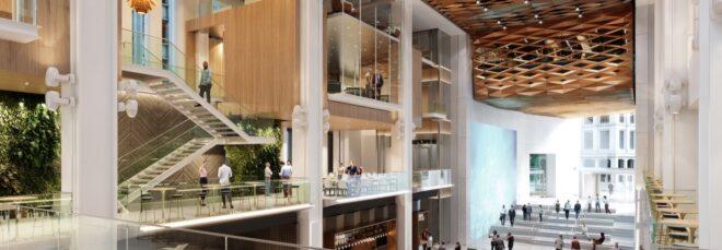 rendering of walkways and staircases inside an office building