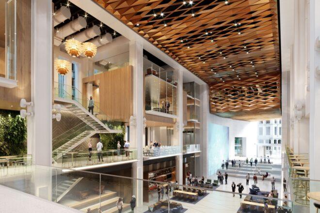 rendering of walkways and staircases inside an office building