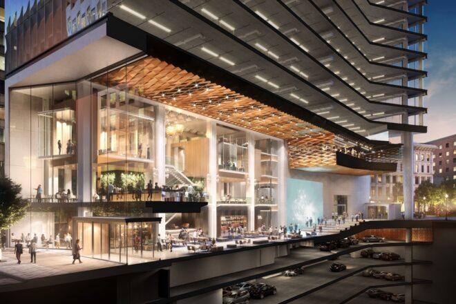 rendering of shops lit up inside an office building