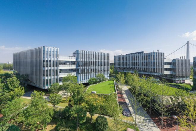 multiple large glass buildings