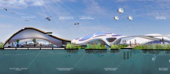 A labeled diagram of a floating campus.