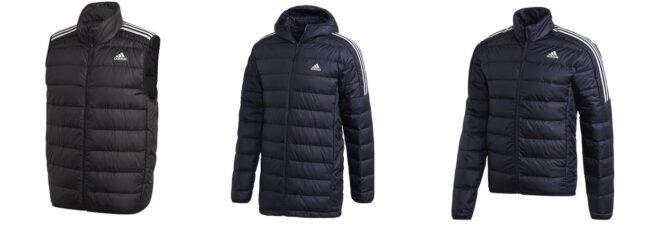 From left to right, a puffy black Adidas vest, a puffy black Adidas hoodie and a puffy black Adidas jacket.