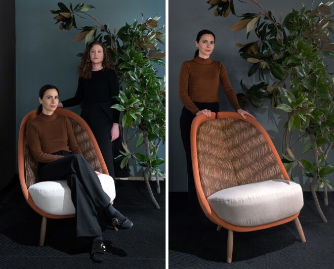 On the left, two people near chair. On the right, designer near chair.