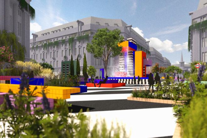 rendering of colorful benches on Oxford Street in London