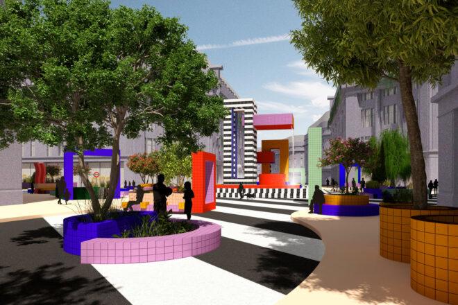 rendering of colorful benches and planters in a park