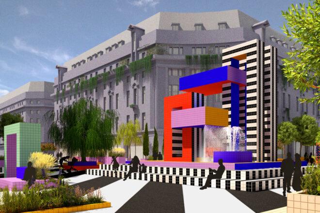 rendering of colorful, geometric water fountain in the middle of Oxford Street