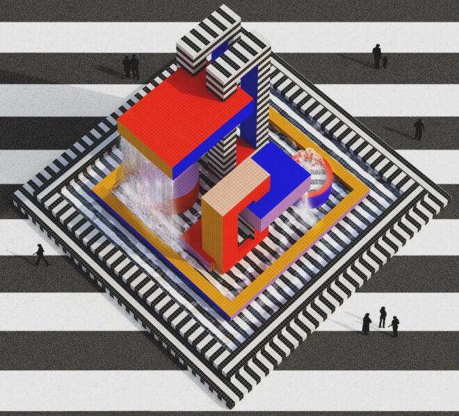 rendering of colorful and patterned water feature