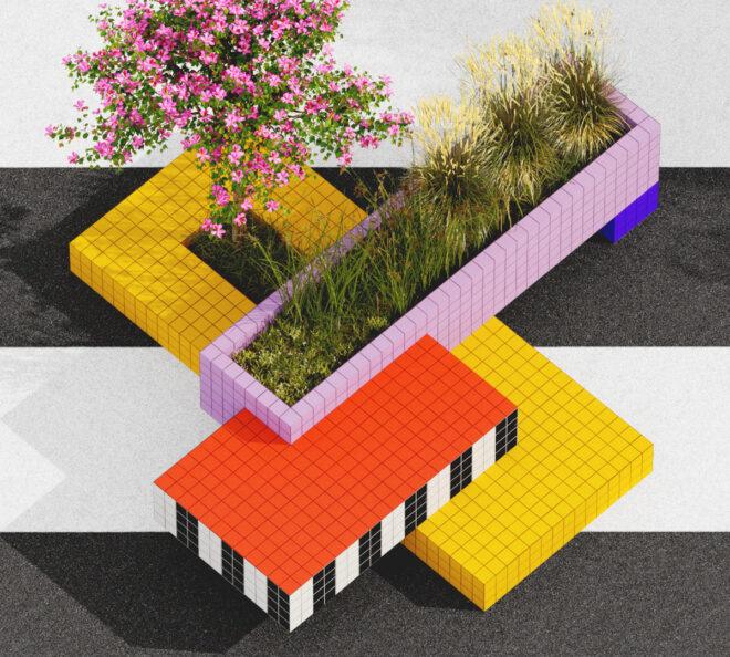 rendering of colorful benches and planters
