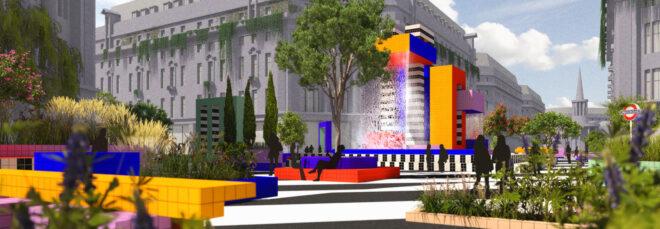 rendering of colorful benches on Oxford Street in London