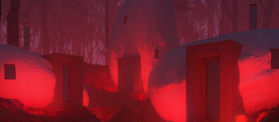 Three rounded, stone shaped buildings lit up with red lights.