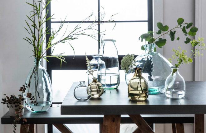 recycled glass jars filled with plants