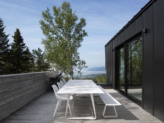 white patio set on gray balcony