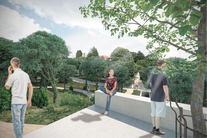 A rendering of people milling around a bright, green park.