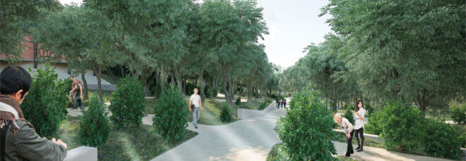 A rendering of people milling around a bright, green park.