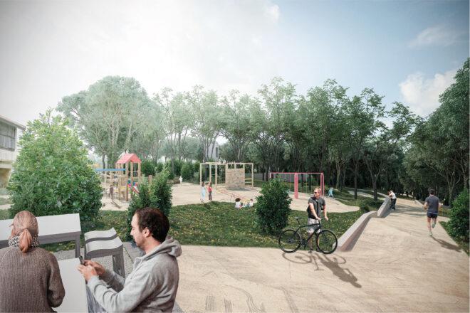 A rendering of people milling around a bright, green park with a playground.