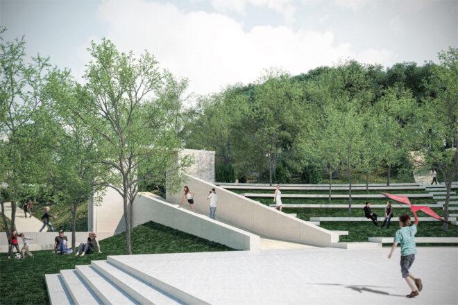 A rendering of people milling around a bright, green park with a tiered courtyard area.