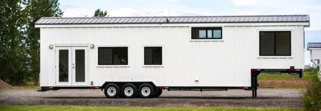 long white tiny home on wheels
