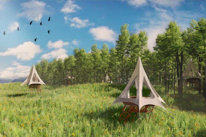 rendering of tent-like treehouses in a meadow