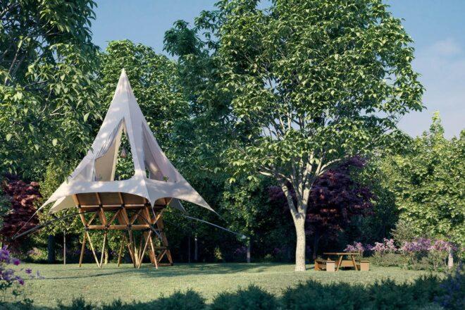rendering of picnic table near base of a treehouse