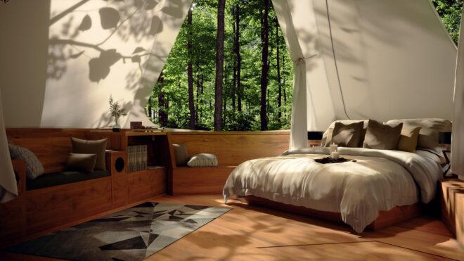 treehouse interior with large bed and built-in wood bench