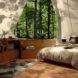 treehouse interior with large bed and built-in wood bench