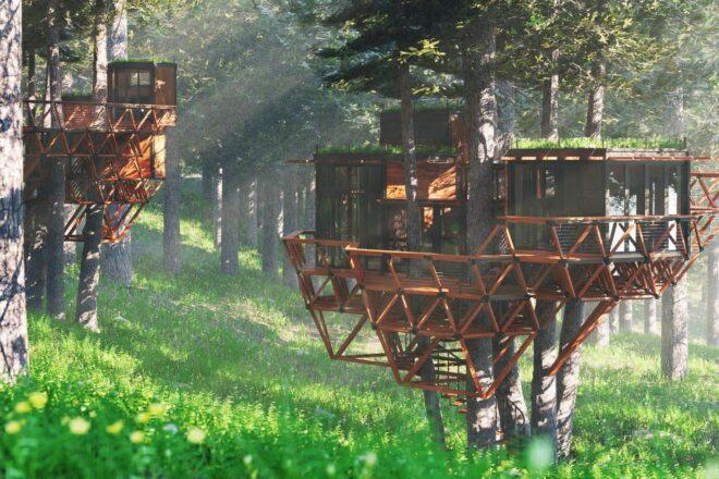 rendering of modular, geometric treehouse with wood decks