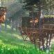 rendering of modular, geometric treehouse with wood decks