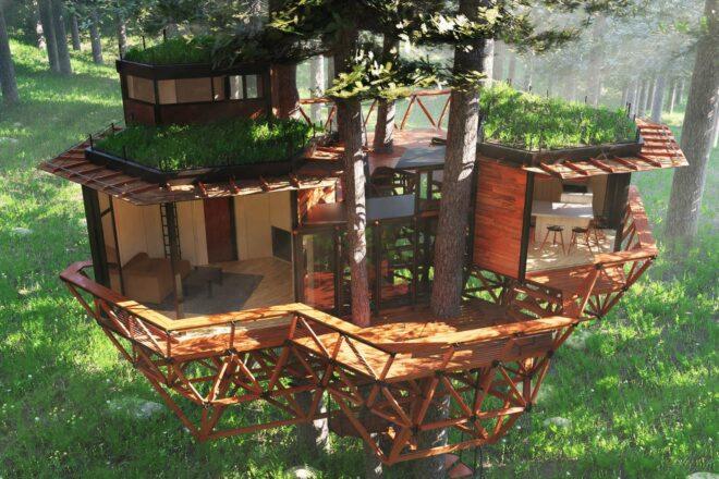 rendering of geometric wood treehouse with green roofs