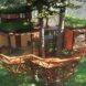 rendering of geometric wood treehouse with green roofs