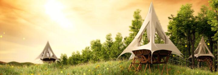 rendering of tent-like treehouses at sunset