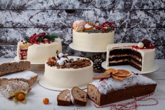 holiday cakes and breads on white table