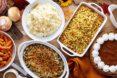 vegan side dishes including green bean casserole, mashed potatoes and stuffing
