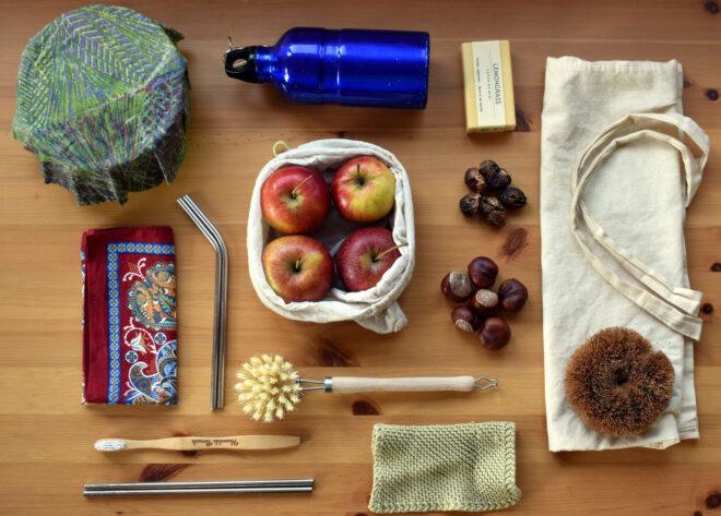 zero-waste kitchen items on wood table