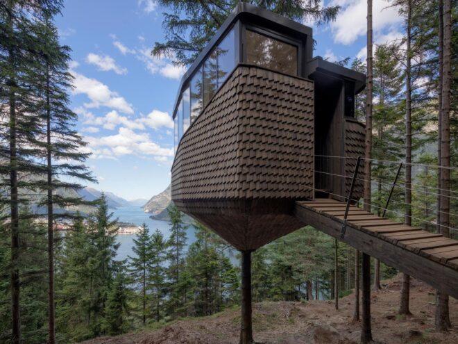 narrow wood bridge leading to a treehouse