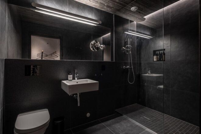 modern bathroom with gray tiling