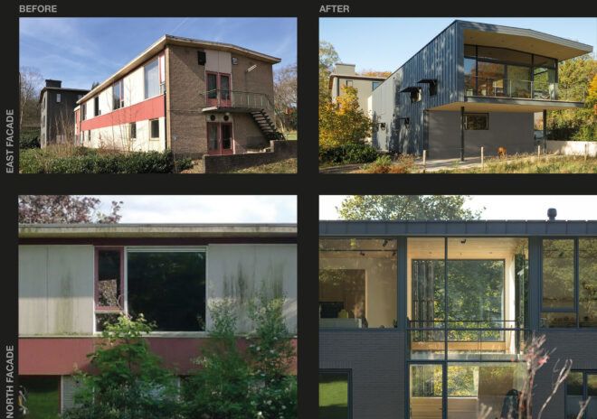 A 4x4 grid of photos showing the before and after images of the north and east facades.