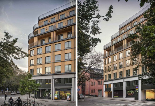 To the left, one side of the apartment building. To the right, a different side angle of the building.