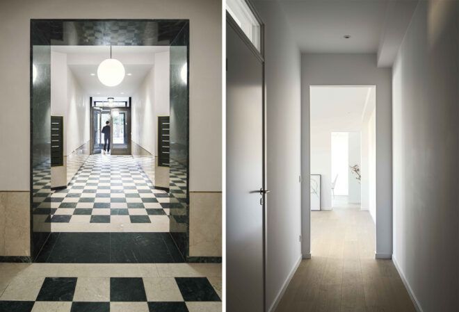 To the left, an entryway with black and while tile flooring. To the right, a white hallway with light colored flooring.