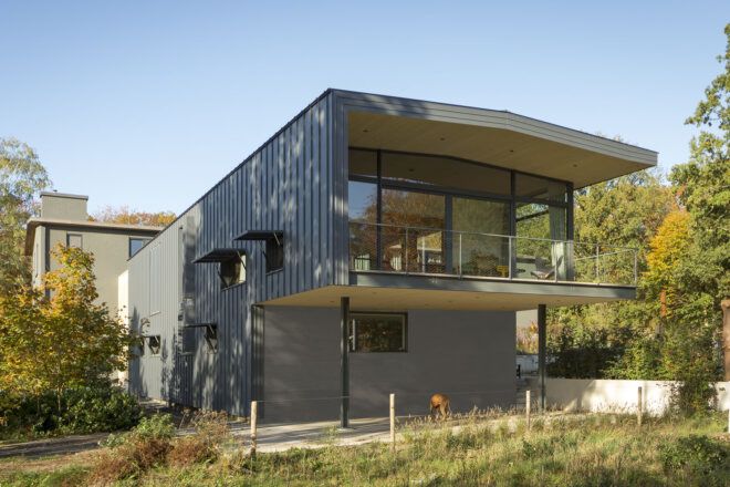The east facade of the building, showcasing a second floor glazed facade.