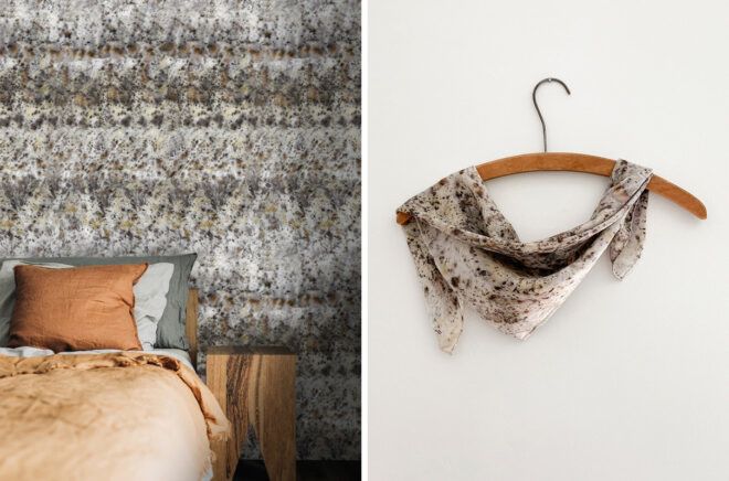 On the left, orange bed in front of gray wall. On the right, naturally dyed silk scarf on wood hanger.