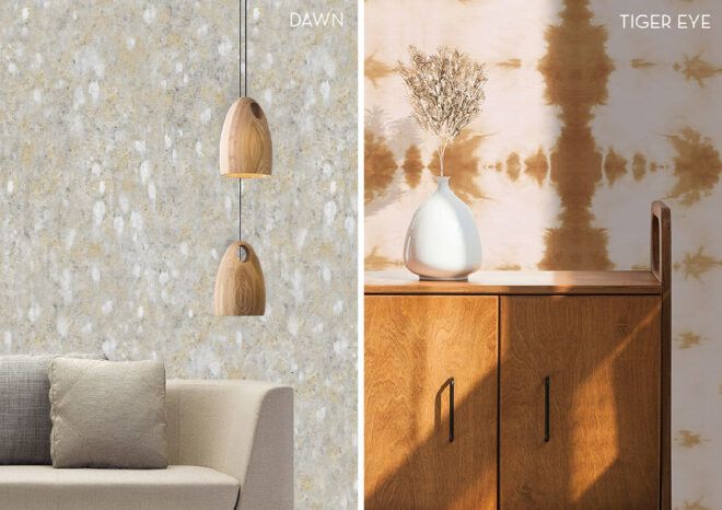 On the left, gray sofa in front of gray-patterned wallpaper. On the right, wood console table in front of orange tie-dye wallpaper.