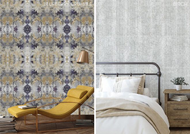 On the left, yellow chair near wall with blue and yellow wallpaper. On the right, bed in front of gray and white wallpaper.